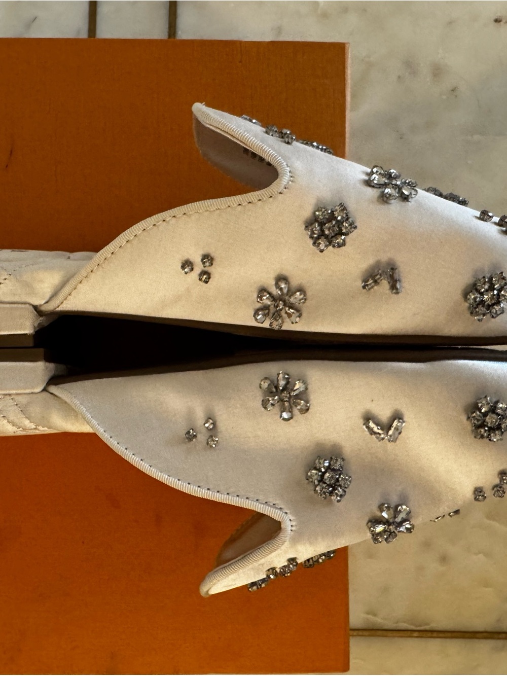Birdies Women's White Jeweled Satin Mules - Picture 9 of 13